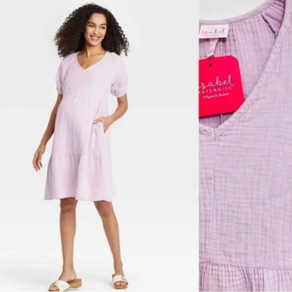 Isabel Maternity Womens Short Sleeve Purple Gauzy Dress